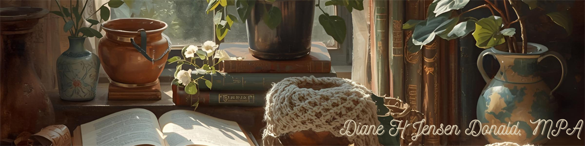 An image of a sunny windowsill with potted plants, books, and knitting